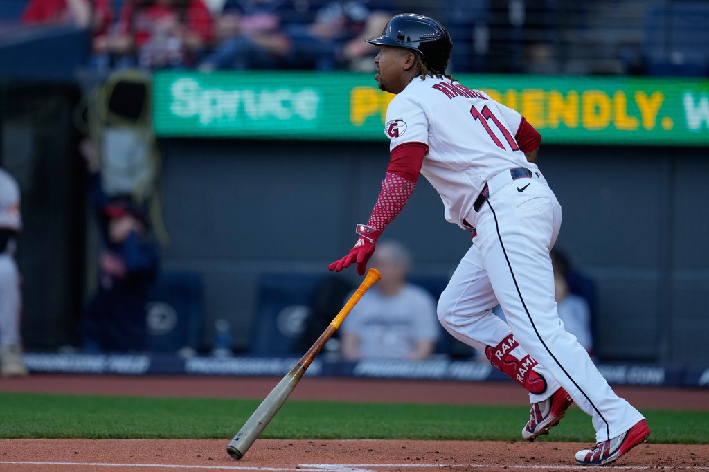 Cleveland Guardians' José Ramírez drops his bat as he watches his home run in the first inning of a baseball game against the Baltimore Orioles in Cleveland, Thursday, April 16, 2026. (AP Photo/Sue Ogrocki)