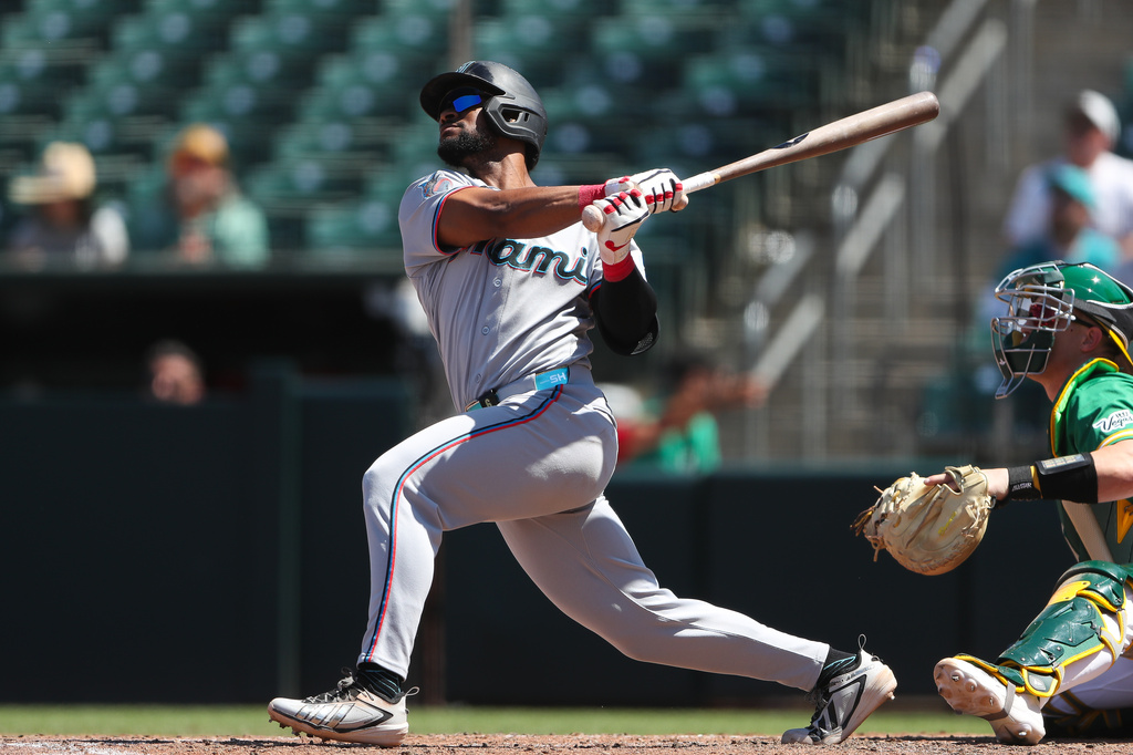 Miami Marlins' Otto Lopez hits a solo home run during the sixth inning of a baseball game against the Athletics Sunday, July 5, 2026, in West Sacramento, Calif. (AP Photo/Scott Marshall)