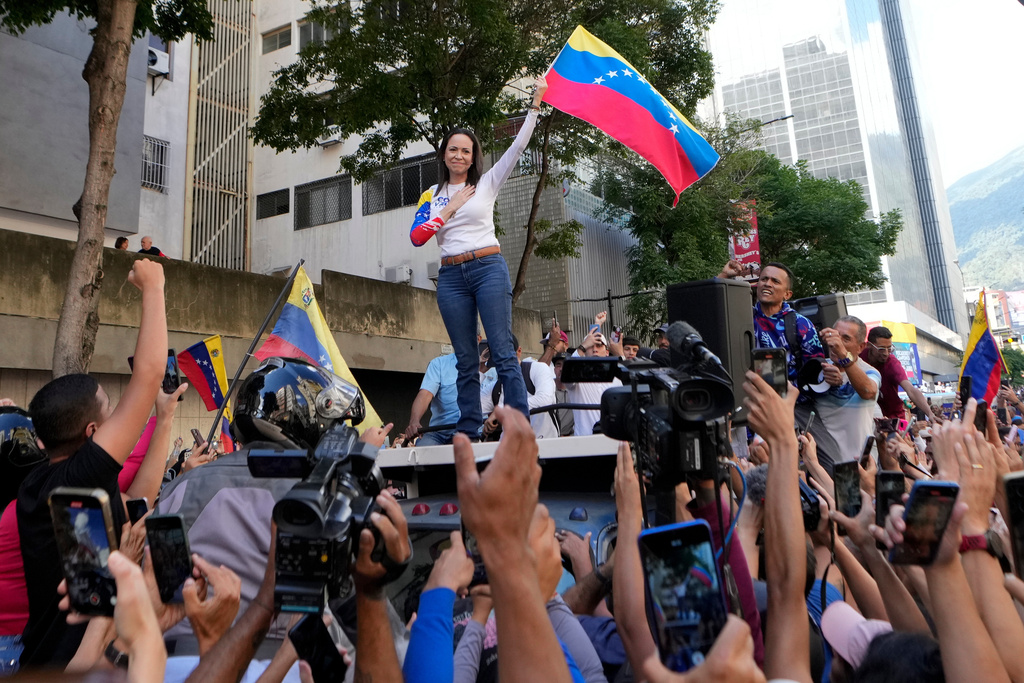 FILE - Venezuelan opposition leader Maria Corina Machado addresses supporters during a protest against President Nicolas Maduro the day before his inauguration for a third term in Caracas, Venezuela, Thursday, Jan. 9, 2025. (AP Photo/Matias Delacroix, File)