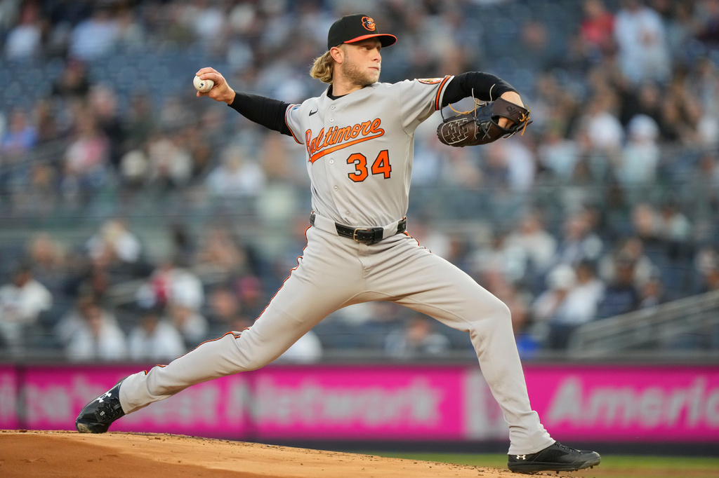Baltimore Orioles starting pitcher Shane Baz throws during the first inning of a baseball game against New York Yankees, Monday, May 4, 2026, in New York. (AP Photo/Yuki Iwamura)