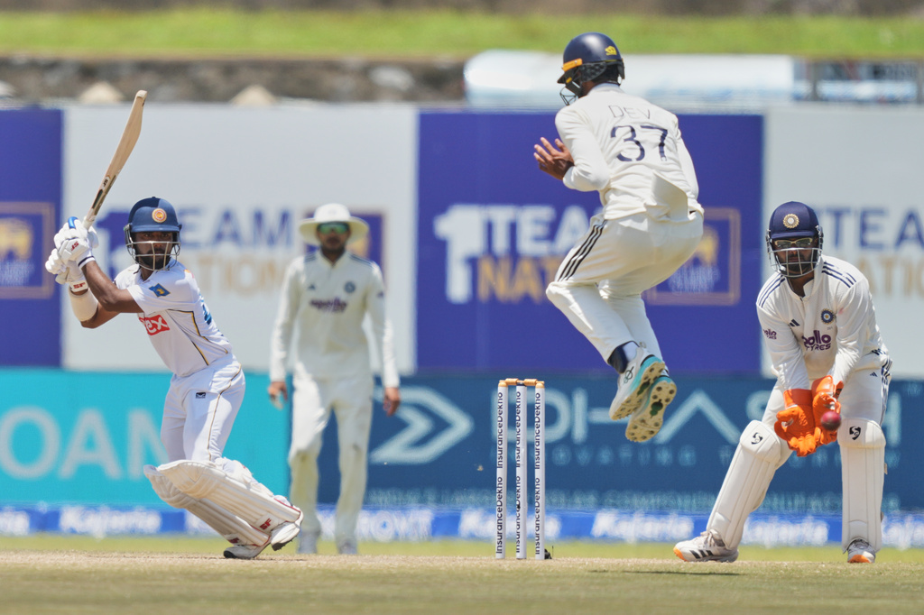 Sri Lanka's Sonal Dinusha plays a shot during the day five of the first cricket test match between Sri Lanka and India in Galle, Sri Lanka, Wednesday, Aug. 19, 2026. (AP Photo/Eranga Jayawardena)