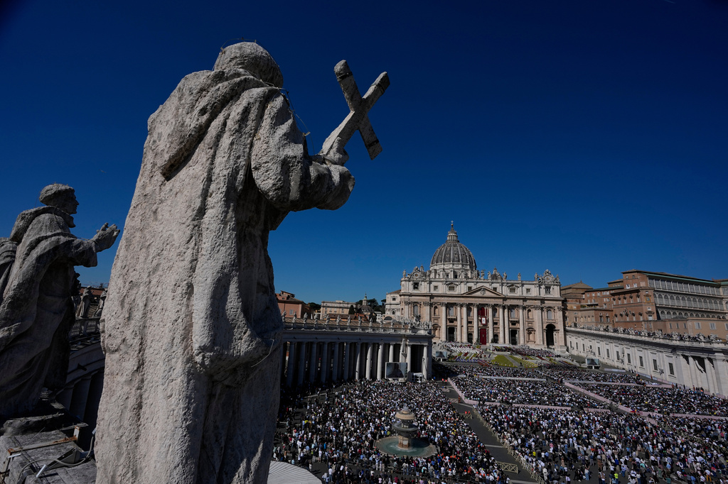 Pope Leo XIV presides over Easter Mass in St. Peter's Square at the Vatican, Sunday, April 5, 2026 (AP Photo/Alessandra Tarantino)