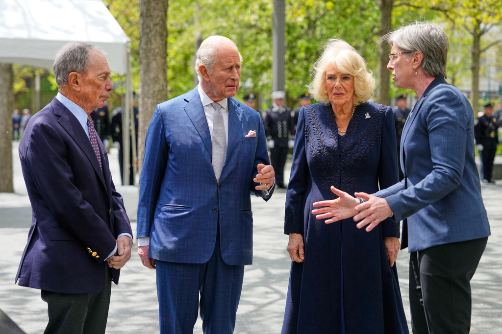FILE - From left, former New York City Mayor Michael Bloomberg, Britain's King Charles III, Queen Camilla and Elizabeth Hillman, president and CEO of the National 9/11 Memorial an Museum, visit the 9/11 Memorial, April 29, 2026, in New York. (AP Photo/Yuki Iwamura, Pool, File)