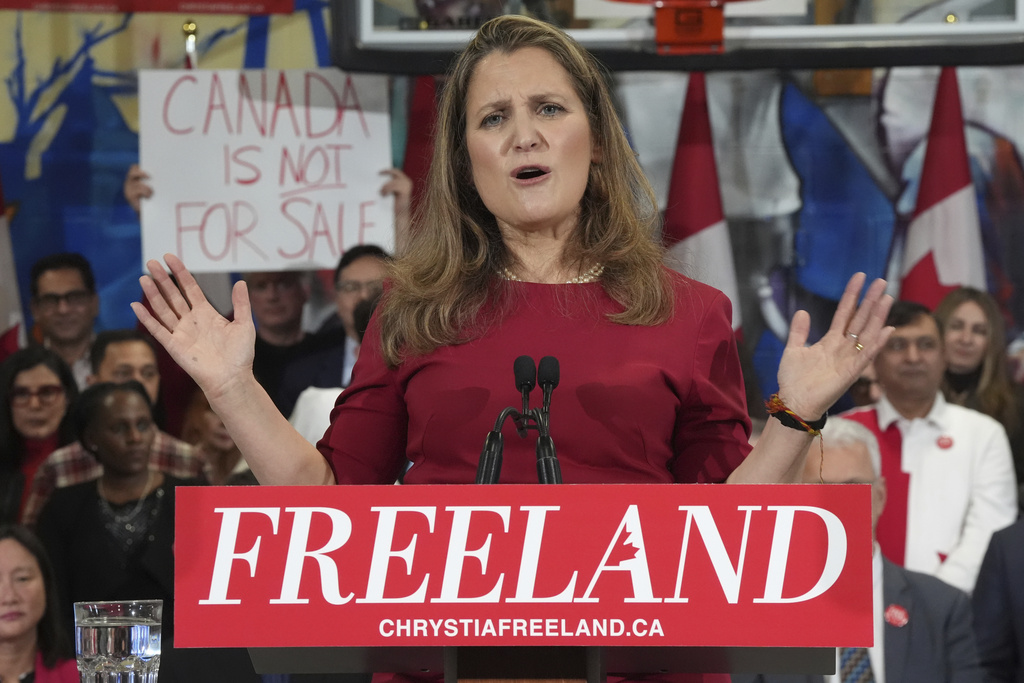 FILE - Canada's former Finance Minister Chrystia Freeland speaks at a press conference in Toronto, Canada, on Jan. 19, 2025. (Frank Gunn/The Canadian Press via AP, File)