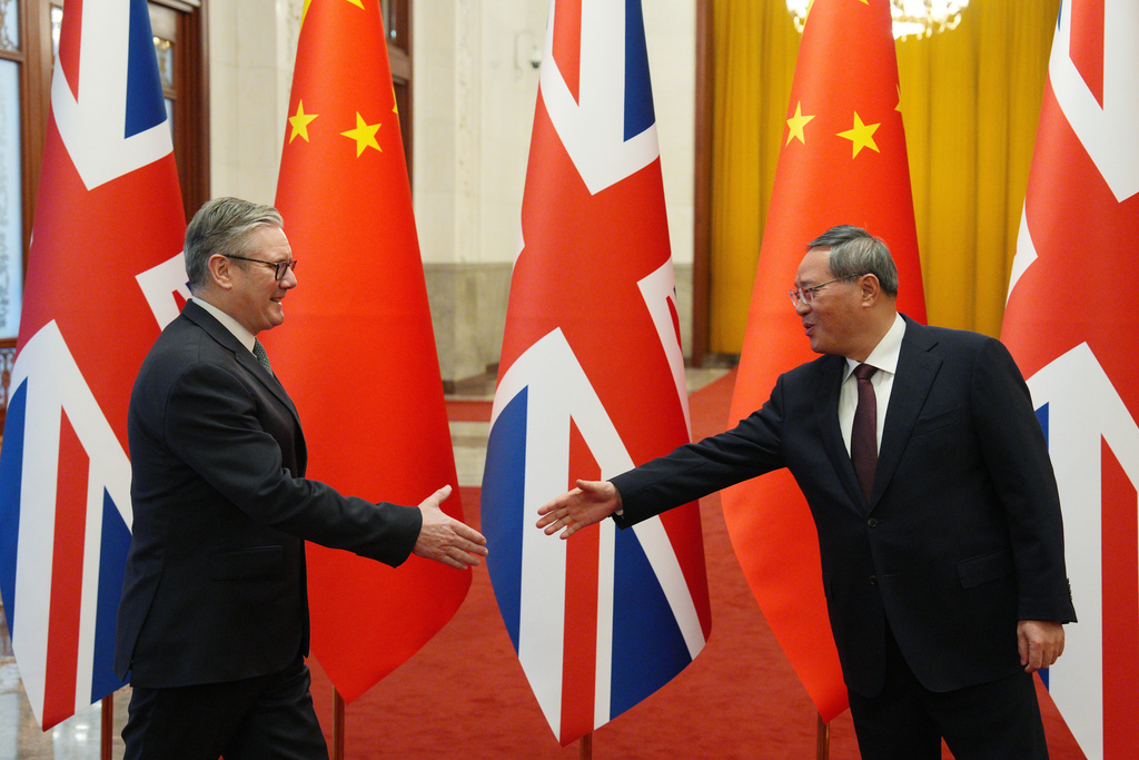 British Prime Minister Keir Starmer attends a ceremonial welcome with Chinese Premier Li Qiang ahead of their meeting at the Great Hall of the People in Beijing, Thursday, Jan. 29, 2026. (Carl Court/Pool Photo via AP)