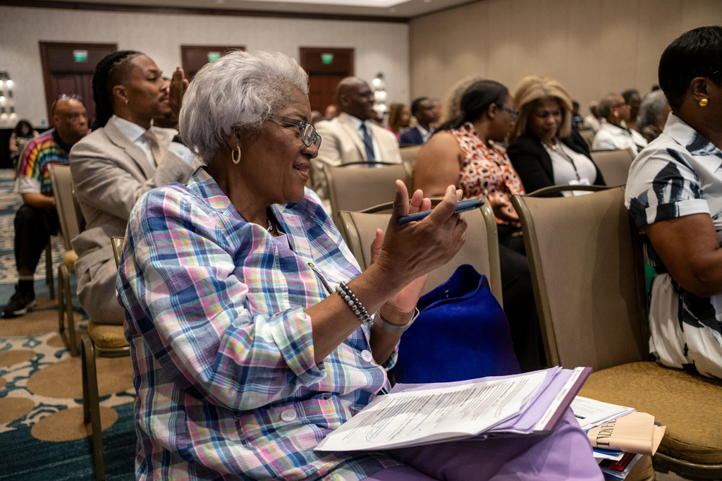 Democratic National Committee member Donna Brazile attends a Black Caucus meeting as part of the DNC Summer Meeting, Thursday, Aug. 13, 2026, in Austin, Texas. (AP Photo/Joel Angel Juarez)