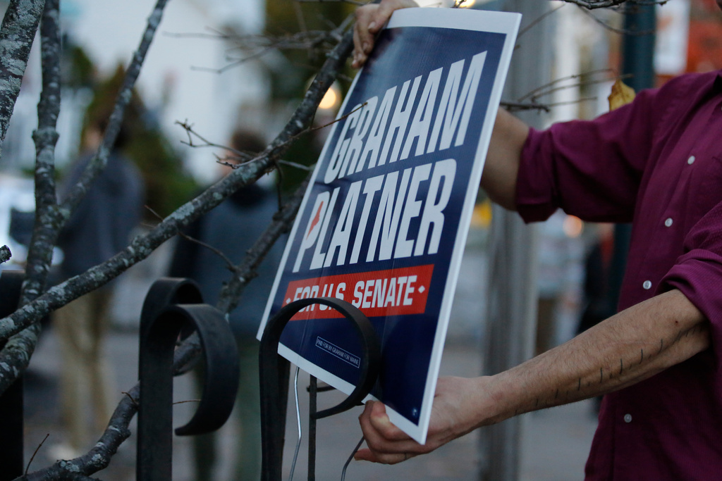 A campaign volunteer hangs a sign before Democratic Maine Senate candidate Graham Platner speaks at a town hall in Ogunquit, Maine, Wednesday, Oct. 22, 2025. (AP Photo/Caleb Jones)