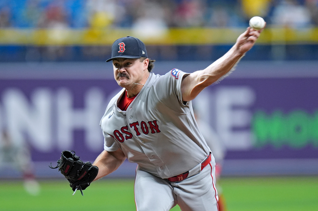 Boston Red Sox pitcher Payton Tolle delivers to the Tampa Bay Rays during the first inning of a baseball game Tuesday, June 9, 2026, in St. Petersburg, Fla. (AP Photo/Chris O'Meara)