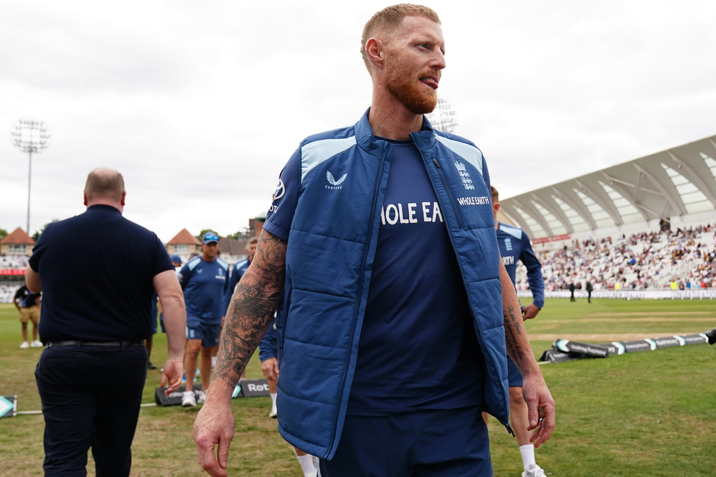 England's Ben Stokes walks in dejection as they lose the series against New Zealand on day five of the Third Cricket Test at Trent Bridge Cricket Ground, Nottingham, England, Monday June 29, 2026. (Jacob King/PA via AP)