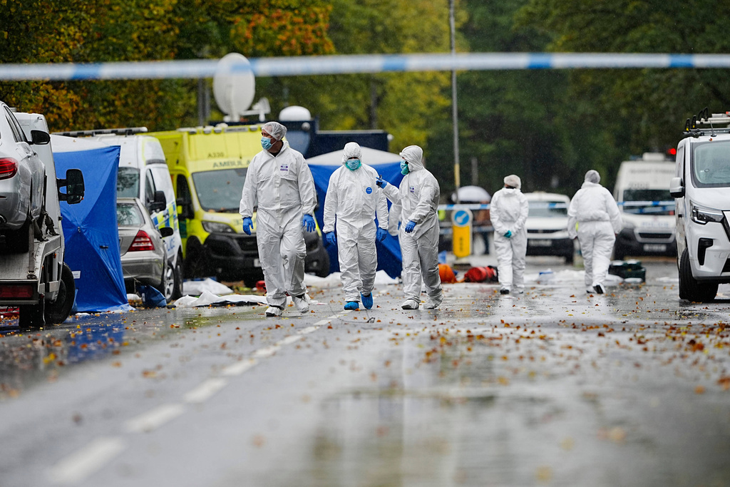 The police investigation continues at the scene near Heaton Park Hebrew Congregation synagogue in Manchester, England, Friday, Oct. 3, 2025, where two people died in a terror attack on Thursday. (Peter Byrne/PA via AP)