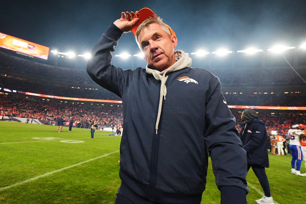 Denver Broncos head coach Sean Payton leaves the field after an NFL divisional round playoff football game against the Buffalo Bills, Saturday, Jan. 17, 2026, in Denver. (AP Photo/Jack Dempsey)