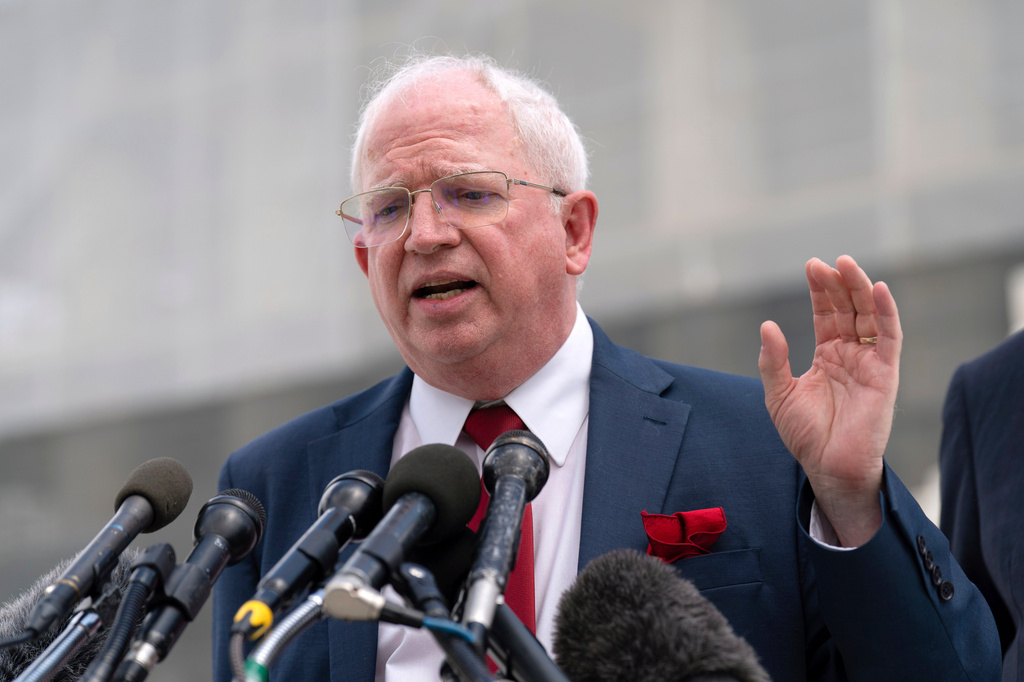 FILE - John Eastman, a California law professor, speaks to reporters after a Supreme Court hearing on birthright citizenship outside of the Supreme Court in Washington, May 15, 2025. (AP Photo/Jose Luis Magana, File)