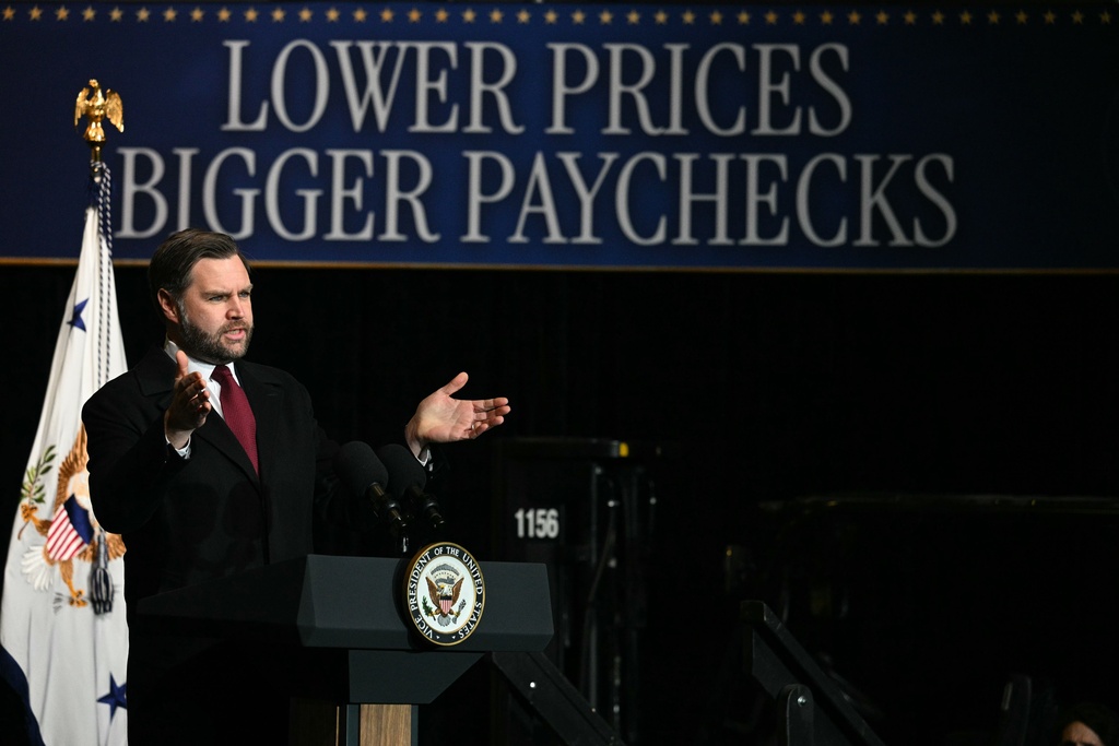 Vice President JD Vance speaks at an industrial shipping facility on the administration's economic agenda and impacts on the Midwest in Toledo, Ohio, on Thursday, Jan. 22, 2026. (Jim Watson/Pool Photo via AP)