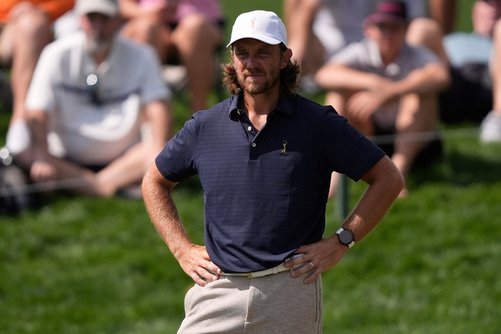 Tommy Fleetwood of England, stands on the second green during the final round of The Players Championship golf tournament, Sunday, March 15, 2026, in Ponte Vedra Beach, Fla. (AP Photo/Gerald Herbert)