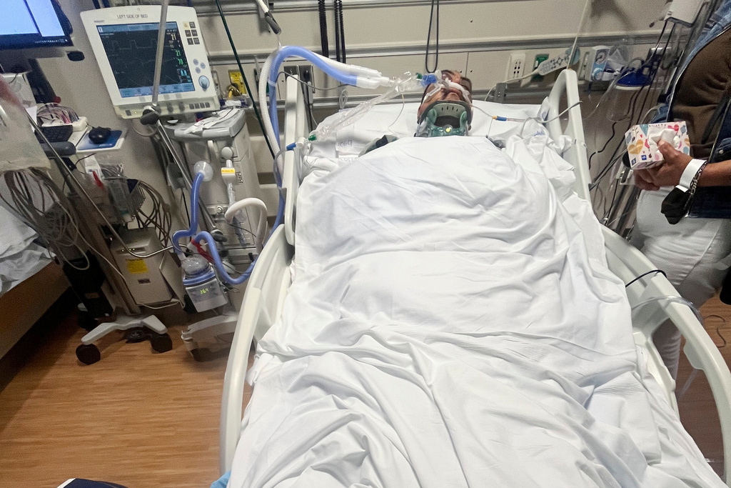 FILE - This undated photo provided by his family shows Jaime Alanis inside Ventura County Medical Center, after he was injured during an immigration raid on July 10, 2025 in Camarillo, Calif. (Family photo via AP, File)