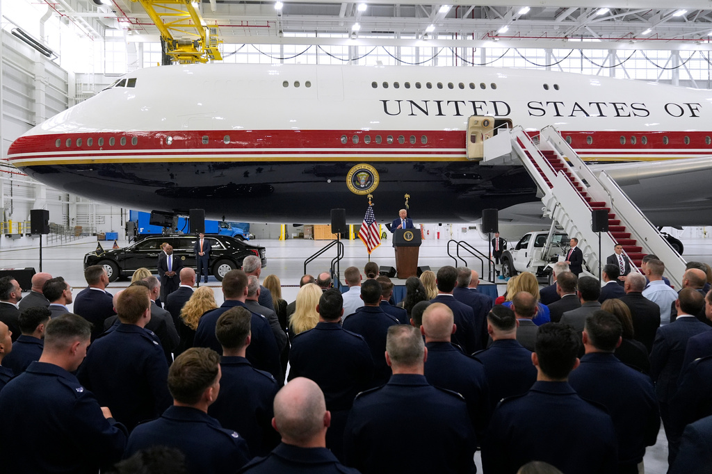 President Donald Trump speaks after touring the newly designated Air Force One presidential aircraft at Joint Base Andrews, Md., Friday, June 19, 2026. (AP Photo/Manuel Balce Ceneta)