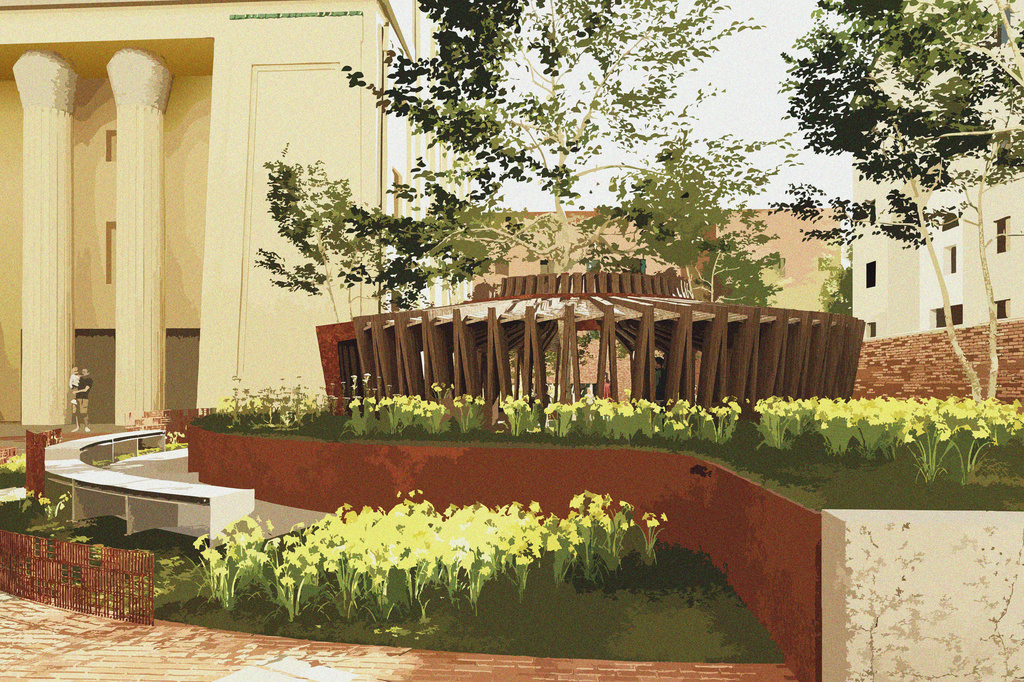 This illustration provided by Virginia Commonwealth University in April 2026 depicts the East Marshall Street Well memorial and interment site on the VCU campus in Richmond, Va. (Virginia Commonwealth University via AP)