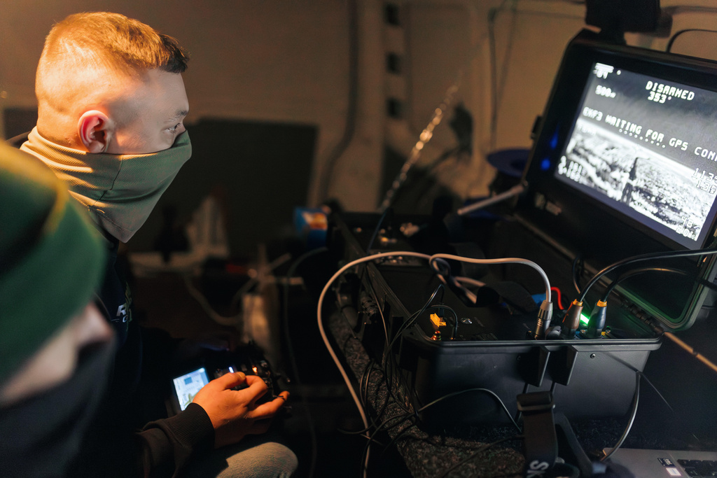 Soldiers of the 127th Separate Territorial Brigade operate a drone that searches for Russian attack drones at the front line in the Kharkiv region Saturday, March 14, 2026. (AP Photo/Nikoletta Stoyanova)