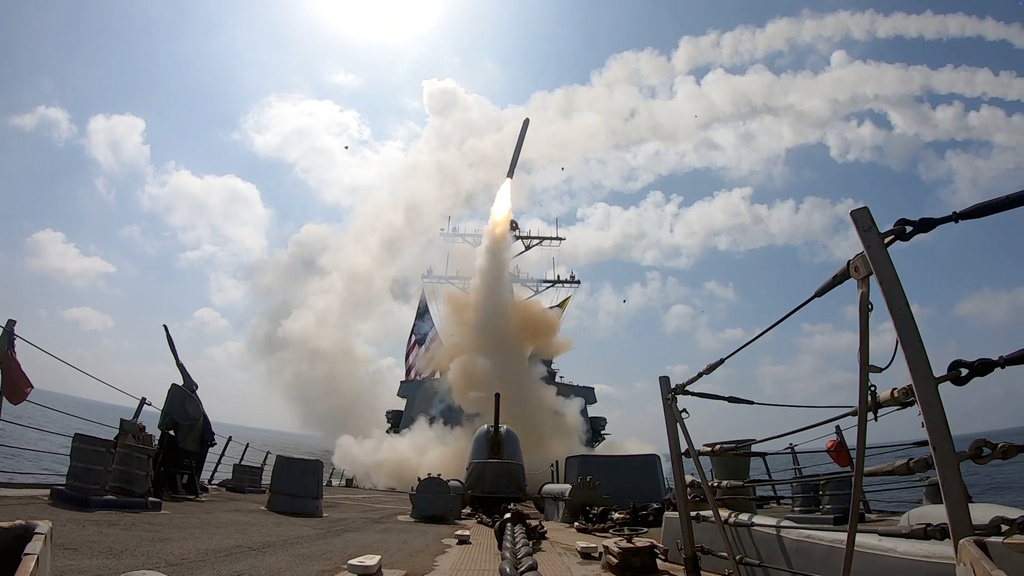 This image from video provided by U.S. Central Command shows a missile being launched from a U.S. Navy ship in support of Operation Epic Fury on Saturday, Feb. 28, 2026. (U.S. Central Command via AP)