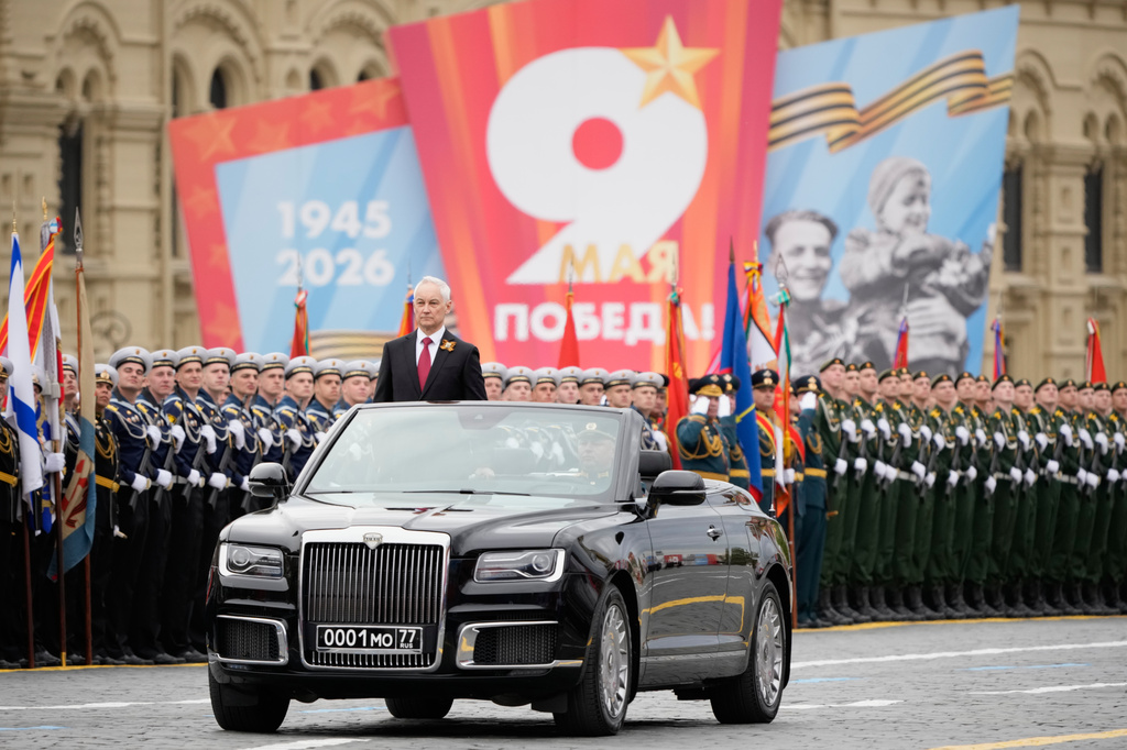 Russian Defense Minister Andrei Belousov attends the Victory Day military parade in Moscow, Saturday, May 9, 2026, during celebrations of the 81st anniversary of the Soviet Union's victory over Nazi Germany during World War II. (AP Photo/Pavel Bednyakov, Pool)