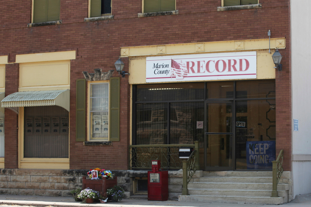 FILE - The offices of the Marion County Record weekly newspaper are seen in Marion, Kan., on Aug. 21, 2023. (AP Photo/John Hanna, File)