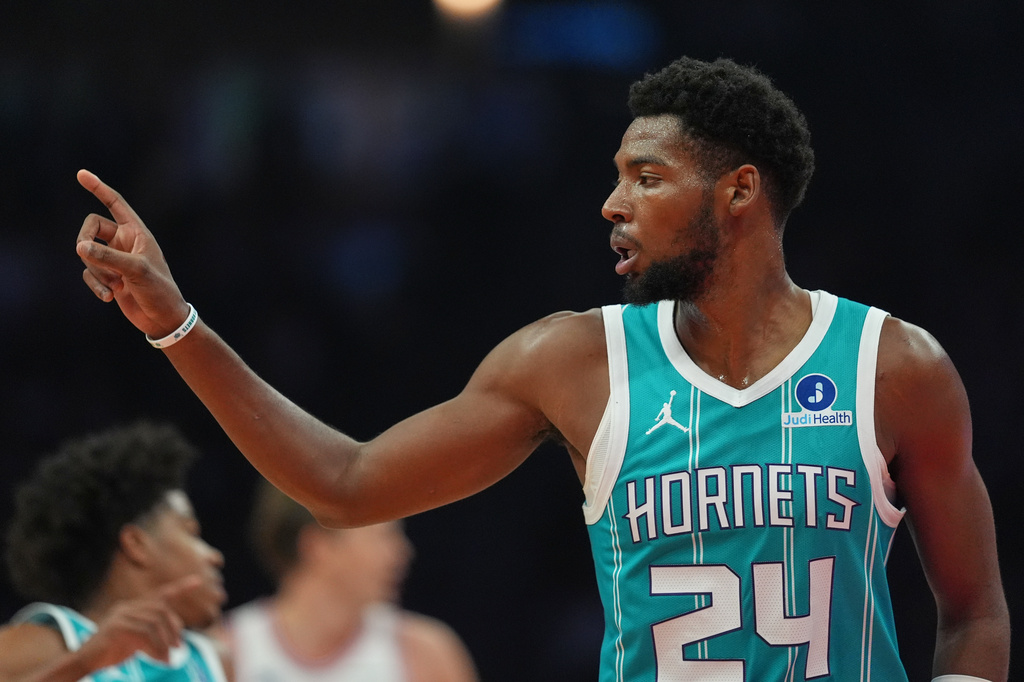 Charlotte Hornets' Brandon Miller reacts during the first half of an NBA basketball game against the Brooklyn Nets Wednesday, Oct. 21, 2026, in New York. (AP Photo/Seth Wenig)
