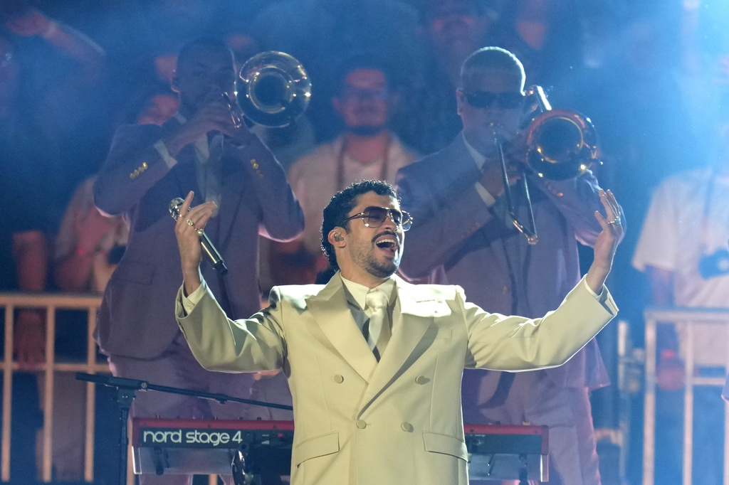 FILE - Bad Bunny performs in concert during his Debi Tirar Mas Fotos World Tour, at the Allianz Parque stadium in Sao Paulo, Friday, Feb. 20, 2026. (AP Photo/Andre Penner, File)
