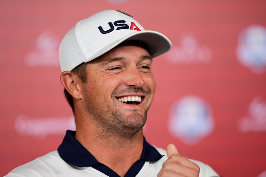 United States' Bryson DeChambeau speaks during a news conference at the Ryder Cup golf tournament, Thursday, Sept. 25, 2025, on the Bethpage Black golf course, in Farmingdale, N.Y. (AP Photo/Robert Bukaty)