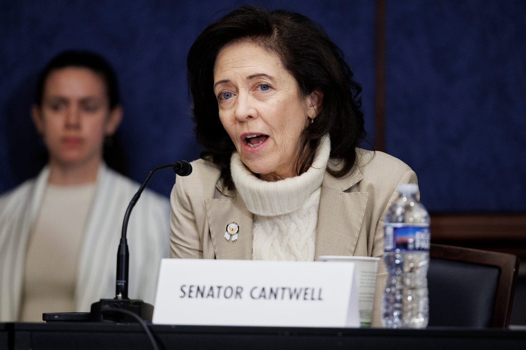 FILE - Sen. Maria Cantwell, D-Wash., speaks during a panel discussion on Capitol Hill, Feb. 26, 2026, in Washington. (AP Photo/Tom Brenner, File)