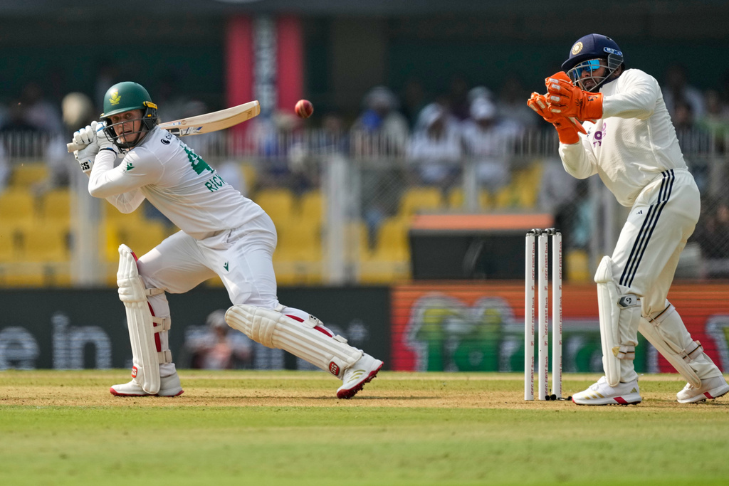 South Africa's Ryan Rickelton plays a shot on the first day of the second cricket test match between India and South Africa in Guwahati, India, Saturday, Nov. 22, 2025. (AP Photo/Anupam Nath)