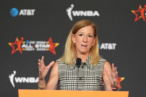 FILE - WNBA Commissioner Cathy Engelbert speaks during a news conference before the WNBA All-Star basketball game, Saturday, July 19, 2025, in Indianapolis. (AP Photo/Michael Conroy, File) FILE - WNBA Commissioner Cathy Engelbert speaks during a news conference before the WNBA All-Star basketball game, Saturday, July 19, 2025, in Indianapolis. (AP Photo/Michael Conroy, File)