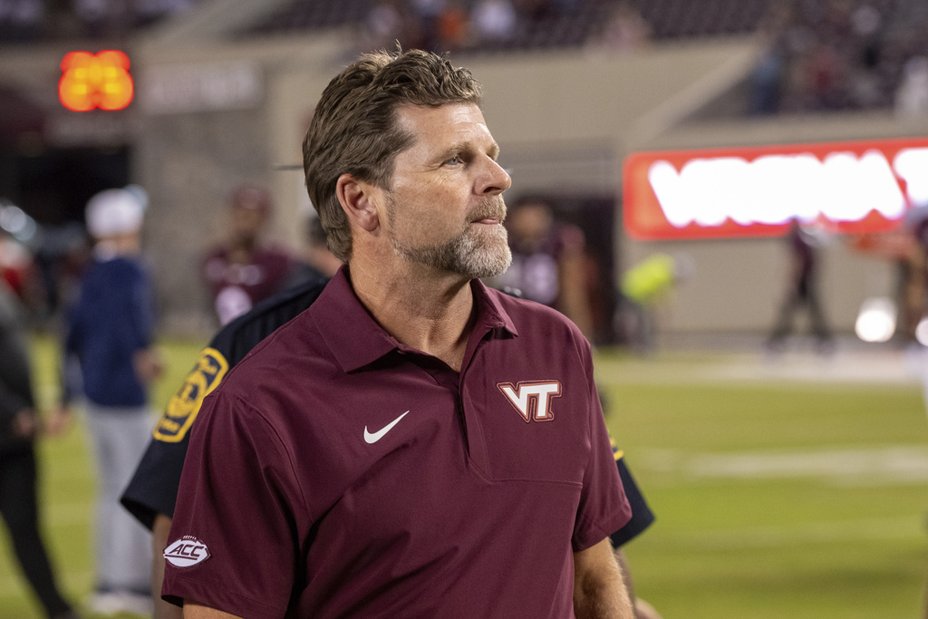 Virginia Tech head coach Brent Pry looks on after an NCAA college football game against Old Dominion, Saturday, Sept. 13, 2025, in Blacksburg, Va. (AP Photo/Robert Simmons)