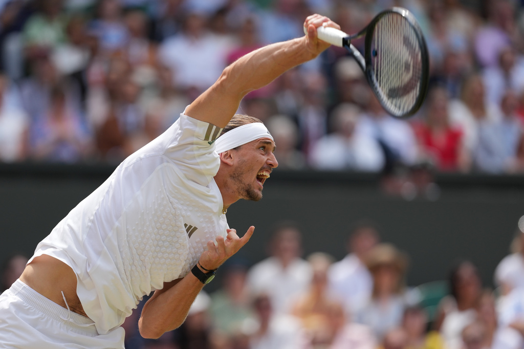Alexander Zverev of Germany serves to Arthur Fery of Britain during their men's singles semifinal match at the Wimbledon Tennis Championships in London, Friday, July 10, 2026. (AP Photo/Kirsty Wigglesworth)