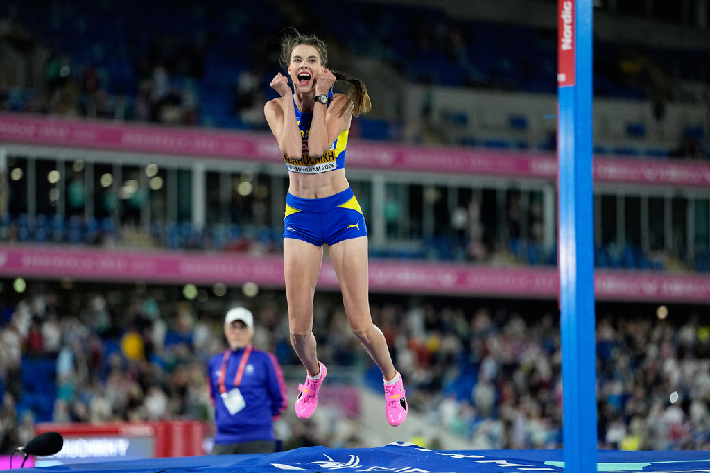 Ukraine's Yaroslava Mahuchikh reacts after an attempt in the women's high jump final at the European Athletics Championships in Birmingham, England, Saturday, Aug. 15, 2026. (AP Photo/Matthias Schrader)