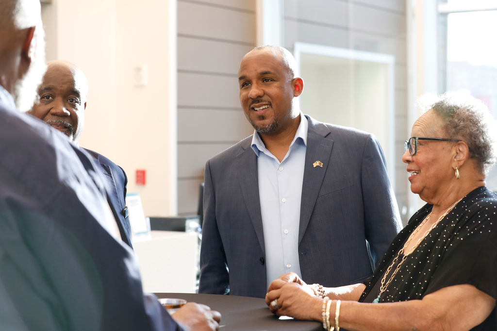 Mississippi Democratic U.S. Senate candidate Scott Colom speaks with attendees at an event held at the Two Mississippi Museums in Jackson, Miss., Saturday, Aug. 1, 2026. (AP Photo/Sarah Warnock)