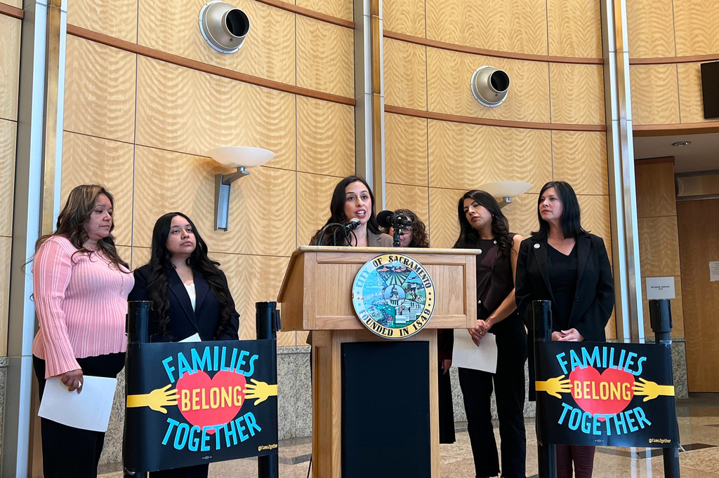 Vice Mayor of Sacramento Karina Talamantes speaks at a news conference, in Sacramento, Calif., Tuesday, March 31, 2026. (AP Photo/Sophie Austin)