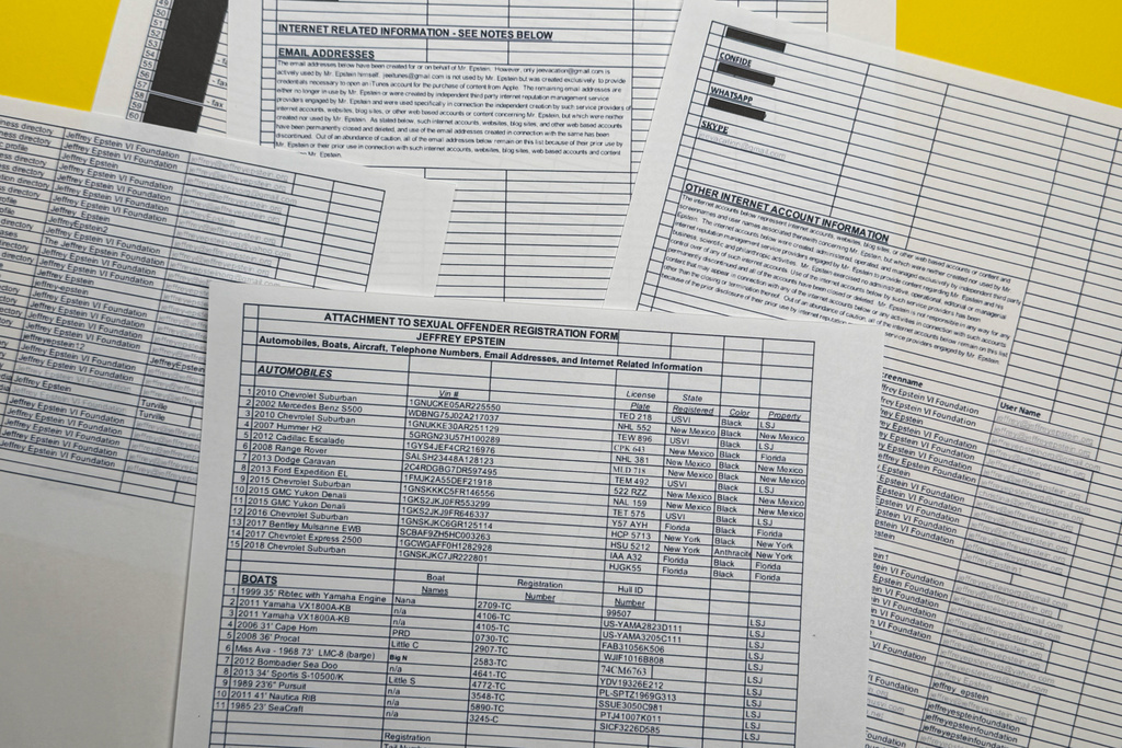 A document that was included in the U.S. Department of Justice release of the Jeffrey Epstein files is photographed Sunday, Feb. 1, 2026. (AP Photo/Jon Elswick)