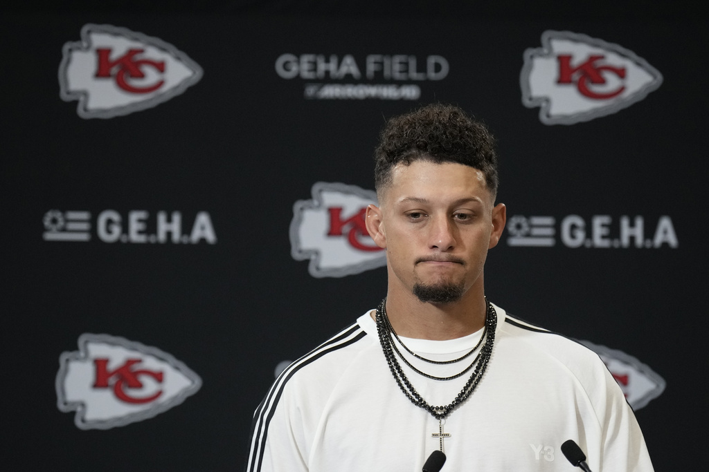 Kansas City Chiefs quarterback Patrick Mahomes speaks during a news conference following an NFL football game against the Philadelphia Eagles Sunday, Sept. 14, 2025, in Kansas City, Mo. (AP Photo/Charlie Riedel)