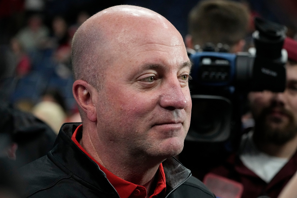 FILE - Nebraska athletic director Troy Dannen speaks to reporters during the team's practice for a first-round college basketball game in the NCAA Tournament, March 21, 2024, in Memphis, Tenn. (AP Photo/George Walker IV, File)