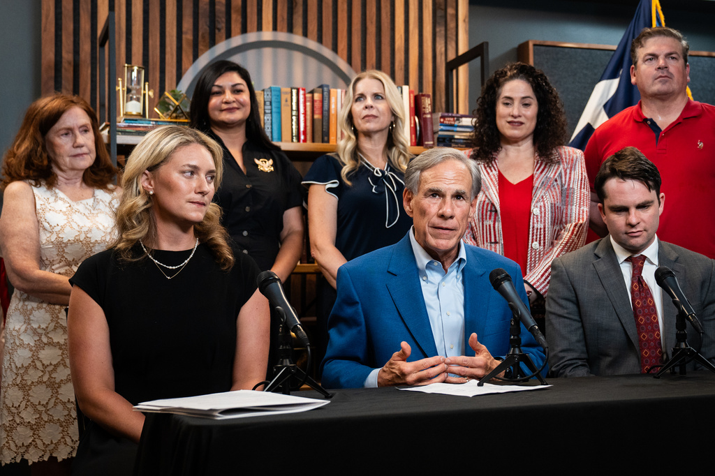 Texas Gov. Greg Abbott speaks at a press conference addressing foreign influence in public education at the Texas Public Policy Foundation in Austin, Tuesday, Aug. 18, 2026. (Sara Diggins/The San Antonio Express-News via AP)