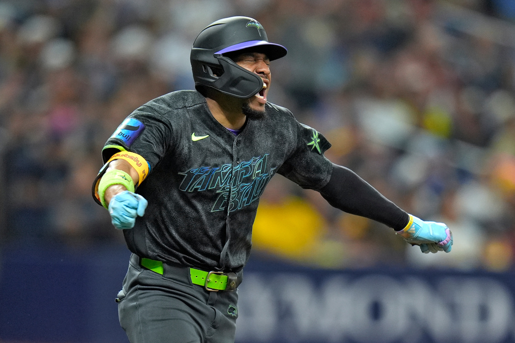 Tampa Bay Rays' Chandler Simpson celebrates after his RBI single off San Diego Padres pitcher Adrian Morejon during the seventh inning of a baseball game Saturday, Aug. 29, 2026, in St. Petersburg, Fla. (AP Photo/Chris O'Meara)