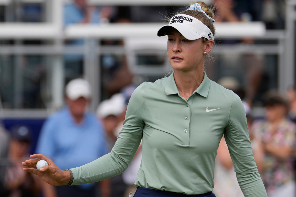 Nelly Korda reacts after a birdie on the 18th green during the second round of the Women's PGA Championship golf tournament, Friday, June 26, 2026, in Chaska, Minn. (AP Photo/Chris Carlson)