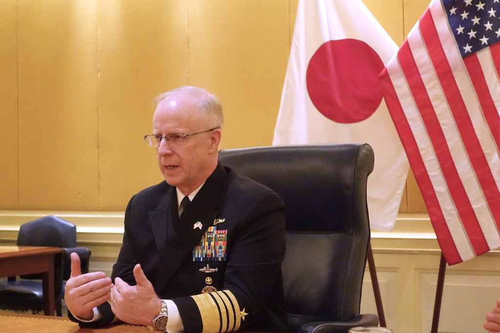 U.S. Chief of Naval Operations, Adm. Daryl Caudle, talks to selected journalists during his visit in Tokyo, Monday, Nov. 17, 2025. (AP Photo/Mari Yamaguchi)