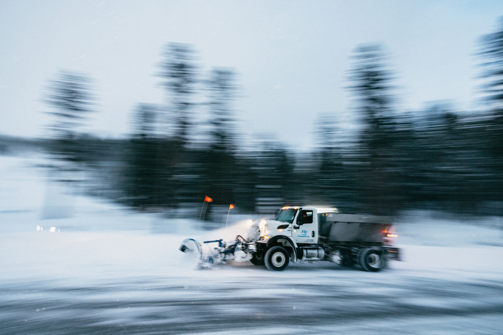 This photo provided by the Mammoth Mountain Ski Resort shows snow being cleared during a winter storm Sunday, April 12, 2026. (Peter Morning/Mammoth Mountain Ski Resort via AP)