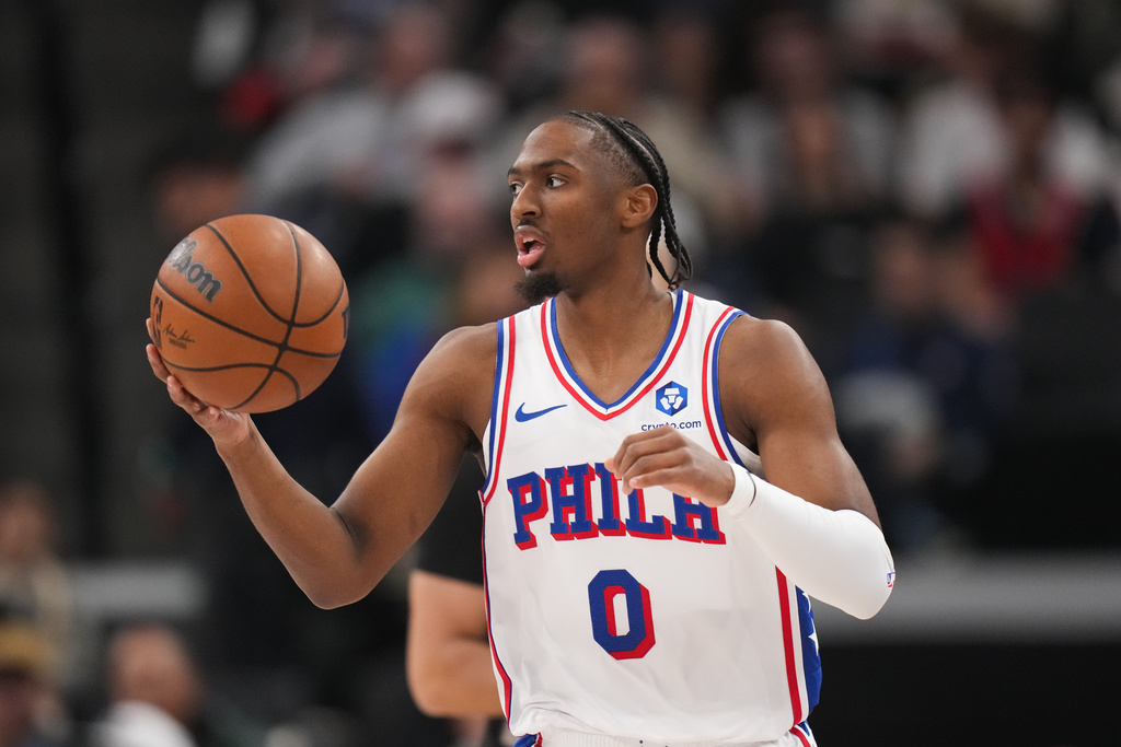 Philadelphia 76ers guard Tyrese Maxey dribbles during the first half of an NBA basketball game against the Los Angeles Clippers Monday, Feb. 2, 2026, in Inglewood, Calif. (AP Photo/Jae C. Hong)