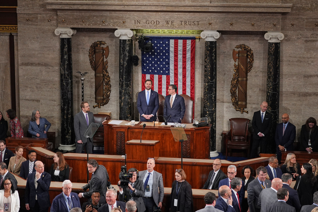 Vice President JD Vance and House Speaker Mike Johnson of La., arrive before President Donald Trump delivers the State of the Union address to a joint session of Congress in the House chamber at the U.S. Capitol in Washington, Tuesday, Feb. 24, 2026. (AP Photo/Matt Rourke)