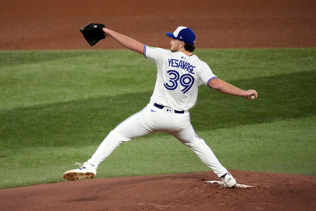 Toronto Blue Jays pitcher Trey Yesavage throws against the Los Angeles Dodgers during the first inning in Game 1 of baseball's World Series, Friday, Oct. 24, 2025, in Toronto. (AP Photo/Brynn Anderson)
