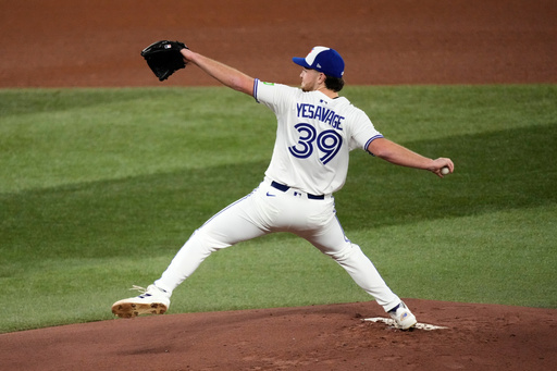 Toronto Blue Jays pitcher Trey Yesavage throws against the Los Angeles Dodgers during the first inning in Game 1 of baseball's World Series, Friday, Oct. 24, 2025, in Toronto. (AP Photo/Brynn Anderson) Toronto Blue Jays pitcher Trey Yesavage throws against the Los Angeles Dodgers during the first inning in Game 1 of baseball's World Series, Friday, Oct. 24, 2025, in Toronto. (AP Photo/Brynn Anderson)