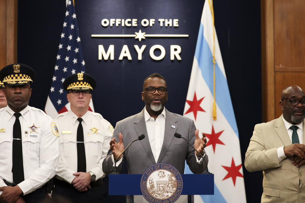 FILE - Chicago Mayor Brandon Johnson answers questions during a news conference at City Hall, Jan. 28, 2025, where he talked about the order from President Donald Trump's administration to freeze federal funding. (Eileen T. Meslar/Chicago Tribune via AP, File)