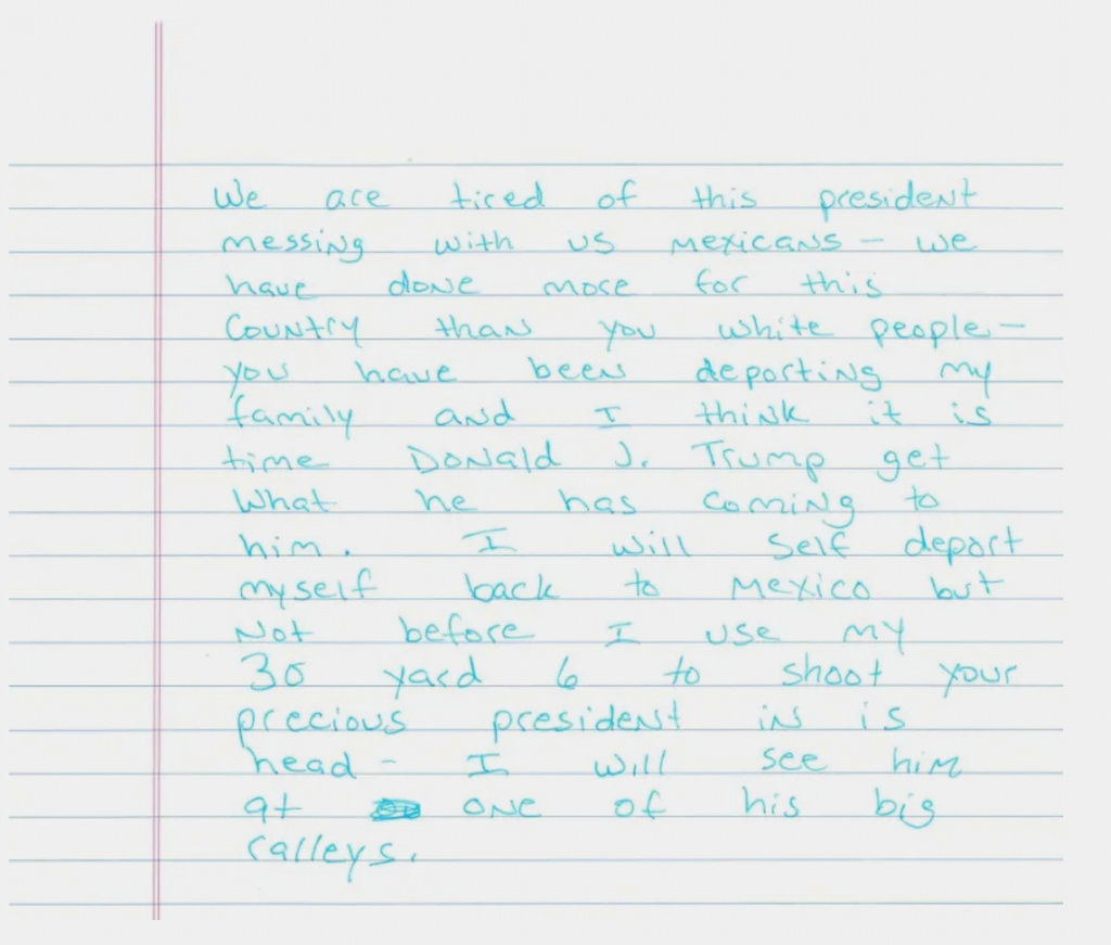 FILE - This image provided by the Department of Homeland Security shows a handwritten letter that Homeland Security Secretary Kristi Noem claimed an immigrant threatened the life of President Donald Trump. (Department of Homeland Security via AP, File)